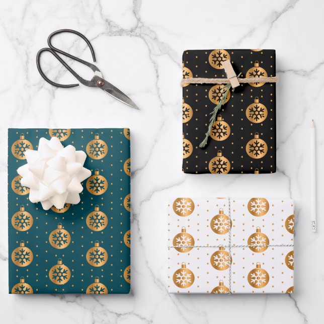 Christmas Baubles on Teal, Black and White Wrapping Paper Sheet (Front)