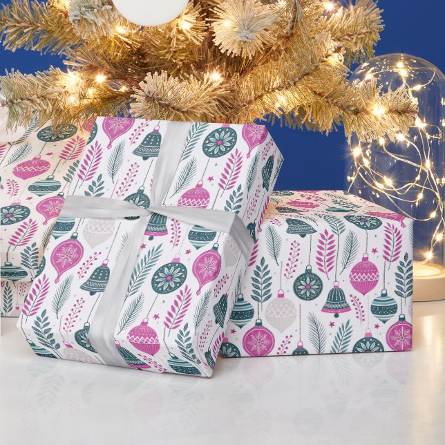 Christmas Baubles Pattern in Pink and Green Wrapping Paper (Holidays)