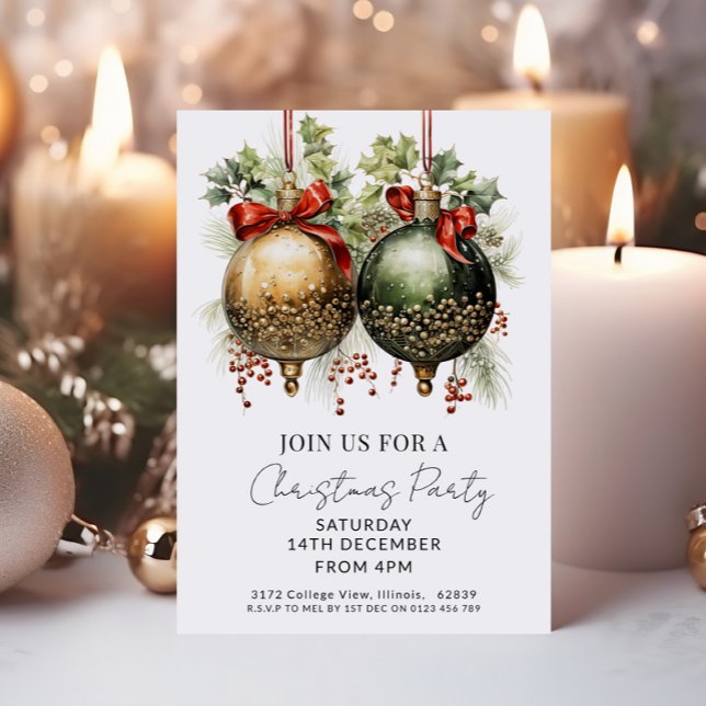 Christmas Baubles Red Green Gold Holiday  Invitation (Creator Uploaded)