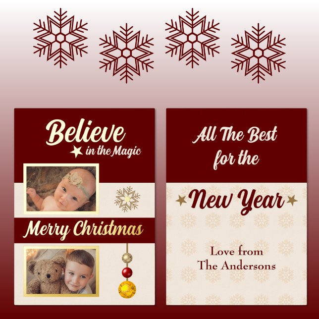 Christmas baubles stars snowflake photos burgundy foil holiday card (Creator Uploaded)