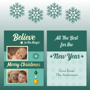 Christmas baubles stars snowflake photos green foil holiday card