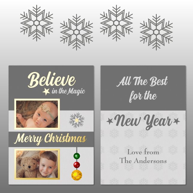 Christmas baubles stars snowflake photos grey foil holiday card (Creator Uploaded)