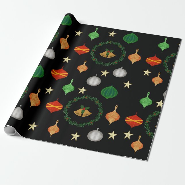 Christmas baubles, wreath and bells wrapping paper (Unrolled)