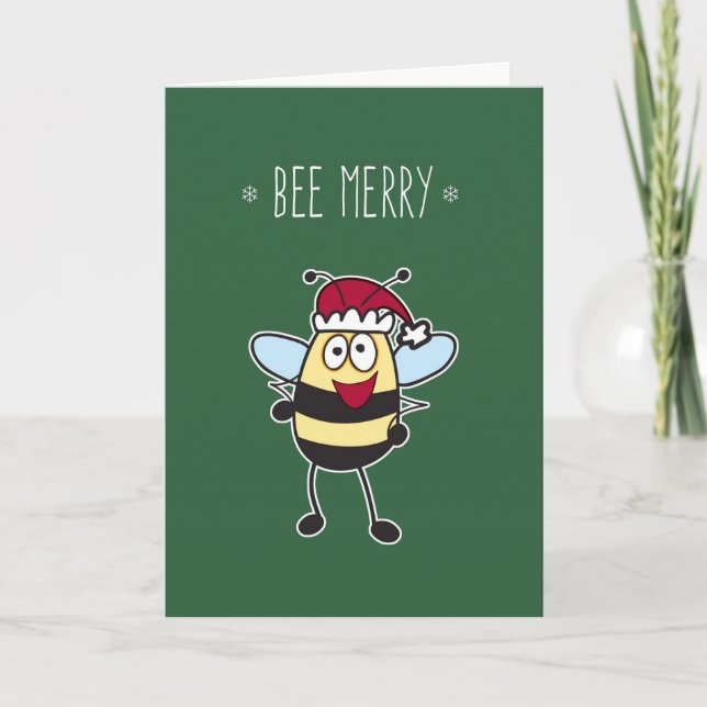 Christmas, Be Merry! Bumble Bee with Santa Hat Holiday Card (Front)