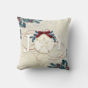 Christmas Beach Coastal Joy Sand Dollar Blue Holly Cushion