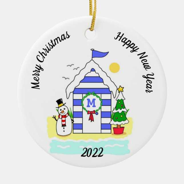 Christmas Beach Hut Ceramic Ornament (Front)