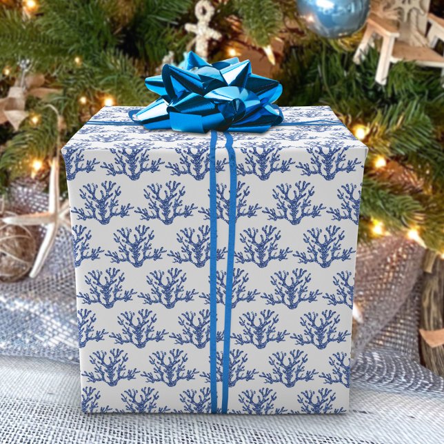 Christmas Beach Navy Blue White Coral Pattern Wrapping Paper (Creator Uploaded)