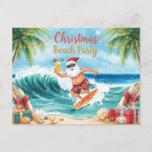 Christmas Beach Party – Tropical Santa Surfing  Invitation Postcard