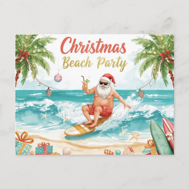 Christmas Beach Party – Tropical Santa Surfing  Invitation Postcard (Front)