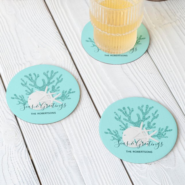 Christmas Beach Sand Dollar Starfish Aqua Blue Round Paper Coaster (Creator Uploaded)