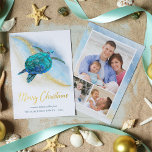 Christmas Beach Sea Turtle 3 Photo Coastal Foil Holiday Card<br><div class="desc">Real gold foil adds elegance to this coastal themed Christmas card, featuring a watercolor turquoise blue sea turtle on an abstract beach background with a gold glitter sparkly wave, and gold Merry Christmas. On the back are 3 photo templates to easily personalise the cards with your favourite family photos. Check...</div>