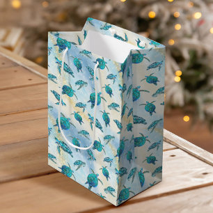 Christmas Beach Sea Turtle Glitter Sparkle Medium Gift Bag