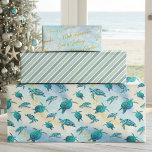 Christmas Beach Sea Turtle Glitter Sparkle Wrapping Paper Sheet<br><div class="desc">This coastal Christmas wrapping paper set features 3 different sheets: a pattern of cute turquoise blue sea turtles on an abstract beach background with a faux gold glitter wave and sparkly star accents; coordinating gold glitter, blue, and aqua stripes; and a pattern of Merry Christmas, Mele Kalikimaka, and Seas &...</div>
