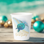 Christmas Beach Sea Turtle Seas and Greetings Paper Cups<br><div class="desc">Perfect for entertaining your guests in coastal holiday style, these tropical beach Christmas paper cups feature a watercolor turquoise blue sea turtle on an abstract beach background with a faux gold glitter sparkly wave, and gold Seas & Greetings. Check out the collection for more matching products, or contact me through...</div>