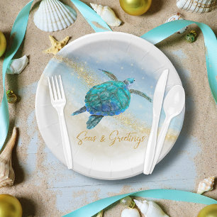 Christmas Beach Sea Turtle Seas and Greetings Paper Plate