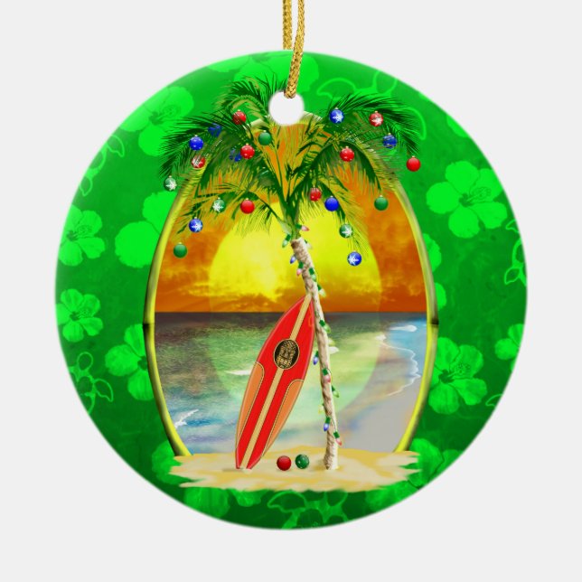 Christmas Beach Sunset Ceramic Ornament (Front)