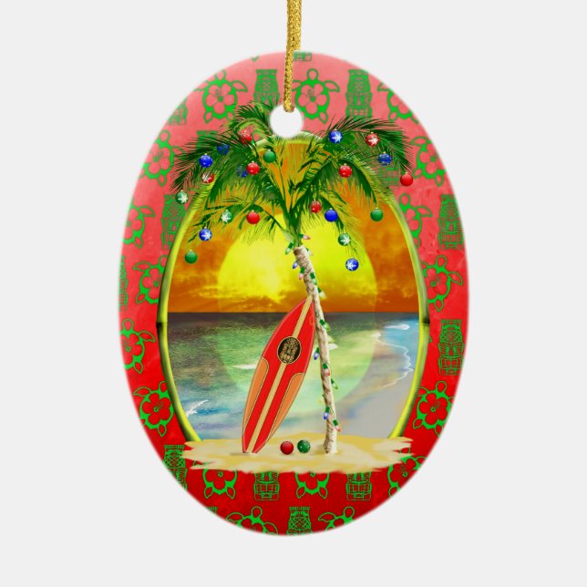 Christmas Beach Sunset Ceramic Tree Decoration (Front)