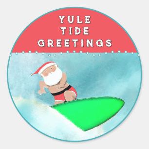 Christmas Beach Surfing Santa Classic Round Sticker