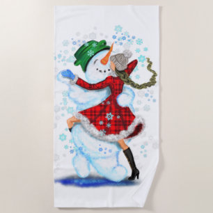 Christmas Beach Towel Snowman and Girl Dancing