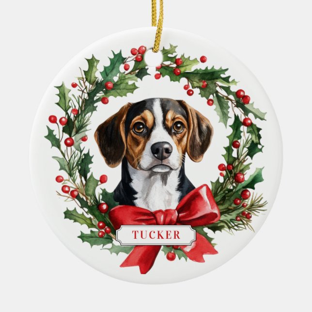 Christmas Beagle Dog Ceramic Circle Ornament (Front)