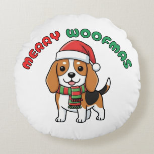 Christmas Beagle Round Pillow: Merry Woofmas Round Cushion