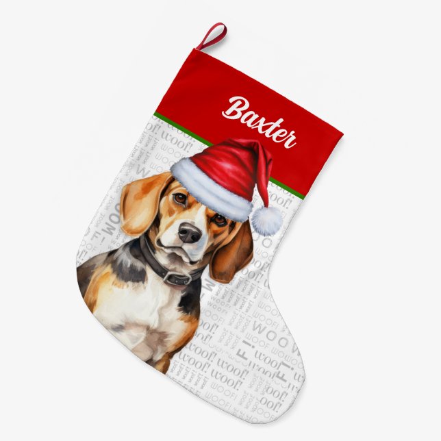 Christmas Beagle with Dog's Name Large Christmas Stocking (Front (Hanging))