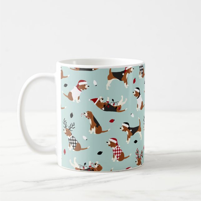 Christmas Beagles Blue Coffee Mug (Left)
