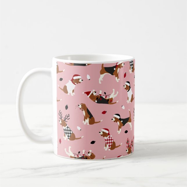 Christmas Beagles Pink Coffee Mug (Left)