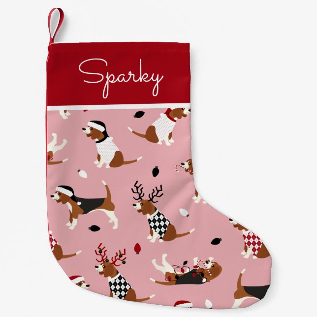 Christmas Beagles Pink Small Christmas Stocking (Front)