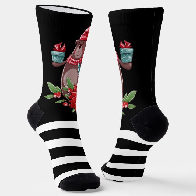 Christmas Bear And Black Stripes  Socks (Angled)