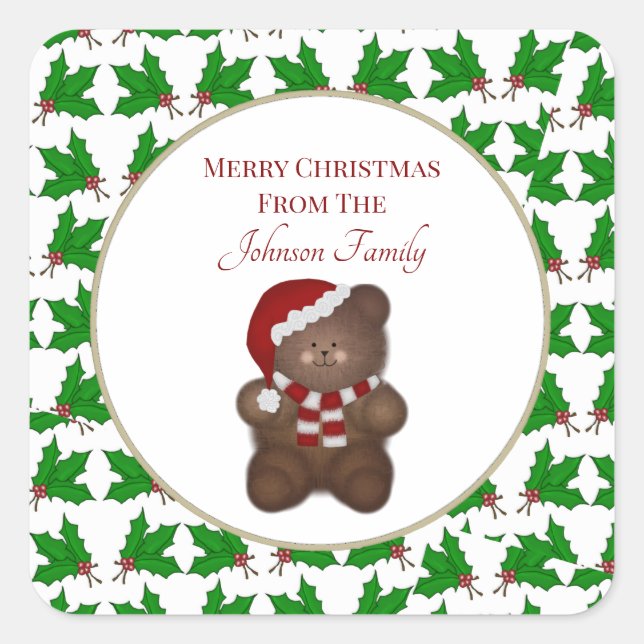 Christmas Bear and Holly Custom Square Sticker (Front)