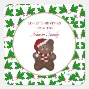 Christmas Bear and Holly Custom Square Sticker