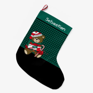 Christmas Bear Black & Green Plaid Personalized Large Christmas Stocking