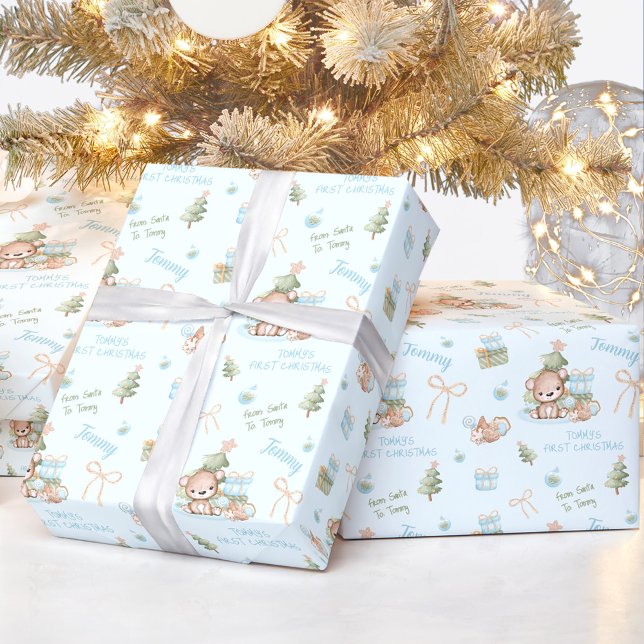 Christmas Bear Boy Blue Name Text Christmas Wrapping Paper (Christmas Bear Boy Blue Name Text Christmas Wrapping Paper)