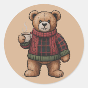 Christmas Bear Coffee Retro Xmas Matching Classic Round Sticker