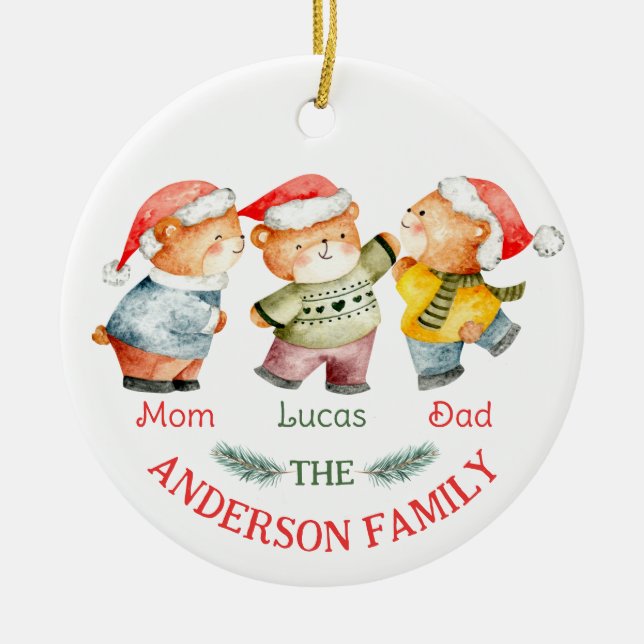 Christmas bear family name kids cute ceramic ornament (Front)