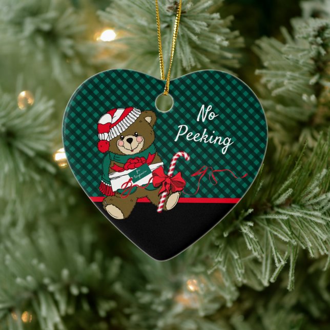Christmas Bear Green Plaid No Peeking Personalised Ceramic Ornament (Tree)