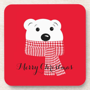 Christmas, bear muzzle, polar bear, red, white, coaster