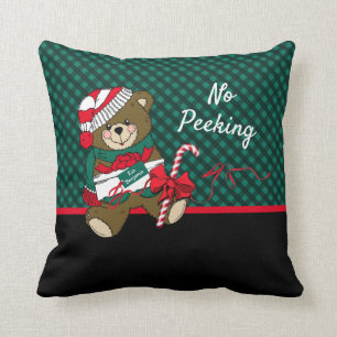 Christmas Bear No Peeking Green Plaid Personalized Cushion
