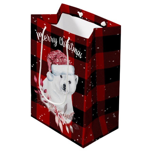 Christmas Bear On Buffalo Plaid Medium Gift Bag (Front Angled)