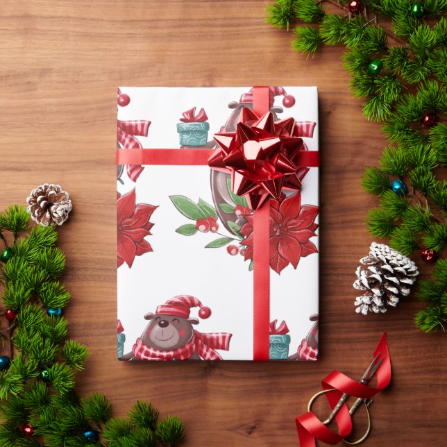Christmas Bear & Poinsettia  Wrapping Paper (Holiday Gift)