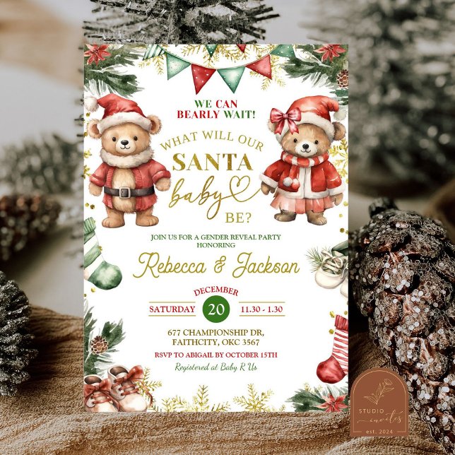 Christmas Bear Santa Baby Gender Reveal  Invitation (Creator Uploaded)