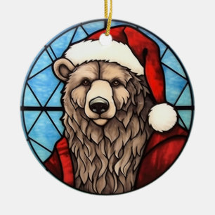 Christmas Bear stained glass style Ceramic Ornament