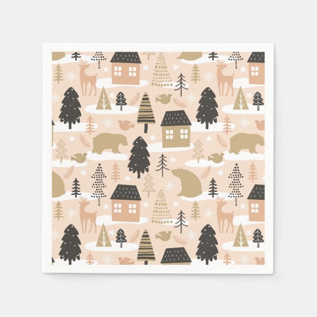 Christmas Bear Village Pink Black Gold Modern Napkin (Front)