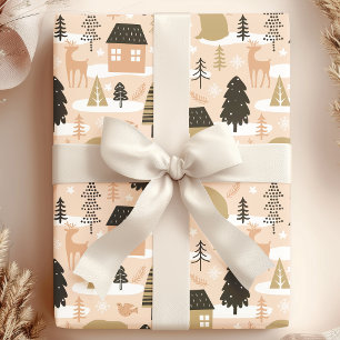 Christmas Bear Village Pink Black Gold Modern Wrapping Paper