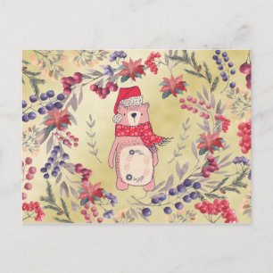 Christmas Bear Watercolor Berries Gold Holiday Postcard