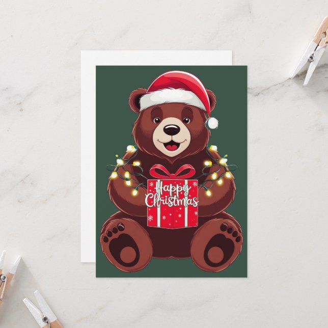 Christmas Bear with Gift and Lights Invitation (Front/Back In Situ)