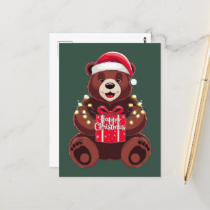 Christmas Bear with Gift and Lights Postcard
