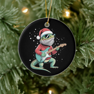Christmas Bearded Dragon Playing Guitar Musician  Ceramic Ornament