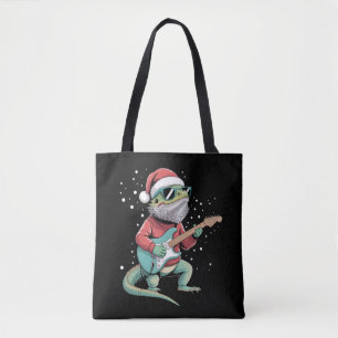 Christmas Bearded Dragon Playing Guitar Musician Tote Bag